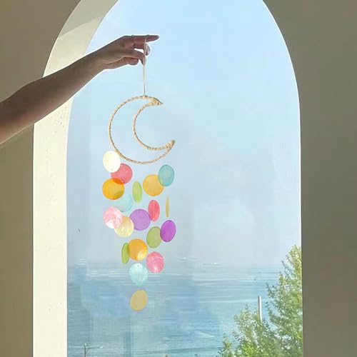 NatureMan Windspiel für draußen – handgefertigtes Capiz-Muschel-Windspiel, Küstenstil, Dekoration für drinnen und draußen, Sommerterrasse, Gartendekoration, ideal für Frauen, Windspiel-Liebhaber