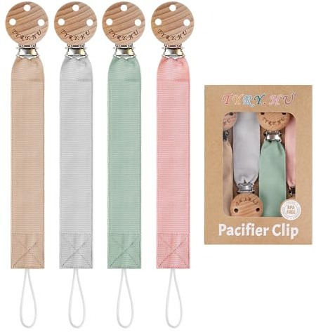 TYRY.HU Schnullerkette Mädchen Stoff Schnullerkette Clips Jungen Weiches Gewebe Polyester Schnuller Halter Set Holz Schnullerband Baumwolle Schnullerband für Neugeboren Geschenk 4 Pack