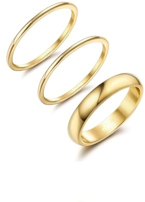 SIXDUTON 3 Pièces Bague Femme Acier Inoxydable Plaquées Or 14K, Empilables Bague Simple Lisse Cadeau Amour Mariage Amie Largeur 2mm 4mm 6mm (Or, 52)