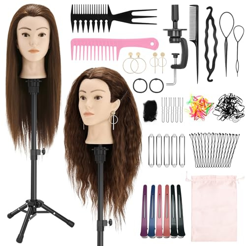 Yekavo Hairdressing Head with Tripod, Training Hair Mannequin Head with 90% Real Hair 61cm/24in, Doll Head for Hair Styling, Hair Practice Head with table clamp Holder (Brown with Tripod Stand)