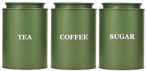 Bayseun Tea Coffee Sugar Canisters, Set of 3 Tea Coffee and Sugar Canisters for Home, Easy Open & Airtight Lids, Decorative Food Caddy, Kitchen Storage Jars, Decorative Stainless Tins, Round Green