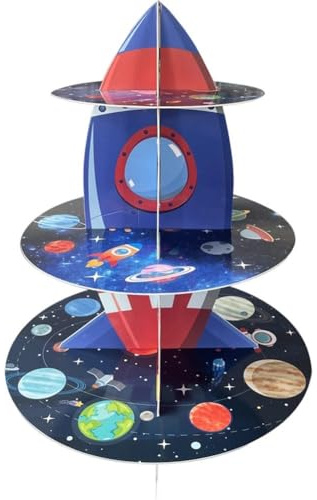 Abbdbd 3-tier Space Cupcake Stand Paper Cake Stand Astronaut Dessert Holder Kids Universe Themed Birthday Party Supplies Cake Display Stand