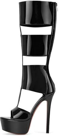 Richealnana Women's Gladiator Knee-High Platform Heels-Stiletto Peep Toe Boots with Back Zipper for Club,Party, Boots Bright Black US11