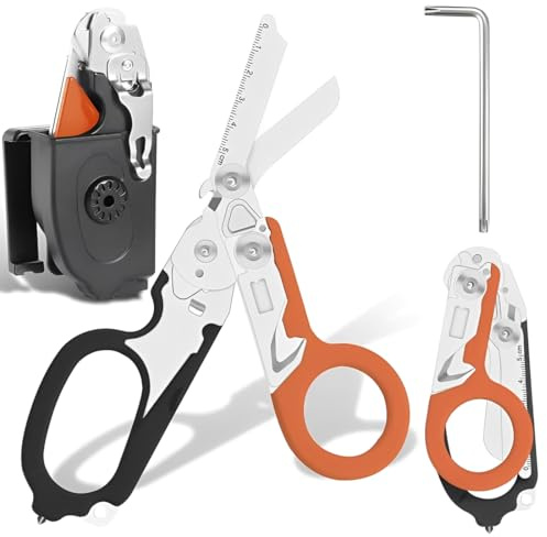 XPEX Multitool Rettungsschere mit 6 Praktischen Funktionen Faltbare Scherenzange aus Edelstahl - Ideal für Professionellen Einsatz Im Rettungsdienst Oder Alltägliche Aufgaben（Schwarz-Orange）