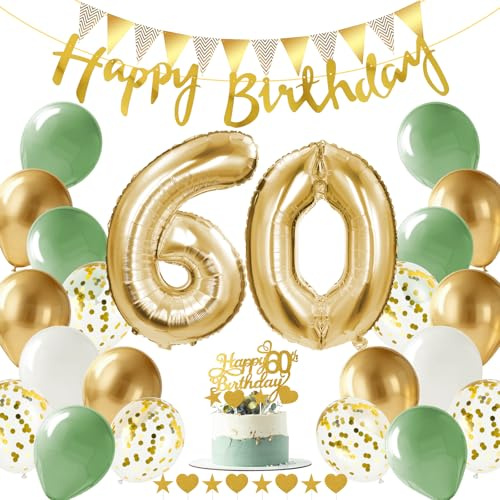 Alaoo Decoracion 60 Cumpleaños,Globos 60 Cumpleaños Dorado Verde | 60 Años Decoracion Cumpleaños con Banderola Feliz Cumpleaños para Fiesta Decoración Cumpleaños Hombres y Mujere