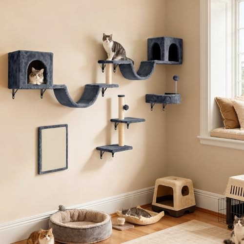 YITAHOME Juego de 8 Muebles rascadores de Felpa duraderos con Columna rascadora, casa para Gatos, Puente para Gatos, Escalera y Bola Colgante en Color Gris Oscuro