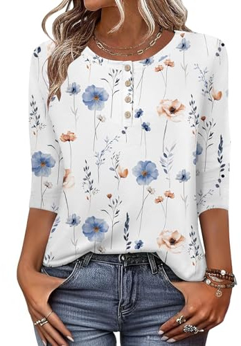 Zeagoo T-Shirt Femme 3/4 Manches col Rond Haut Basique Décontracté Haut D'été Ample Chemisier Léger à Boutons Floral Blanc L