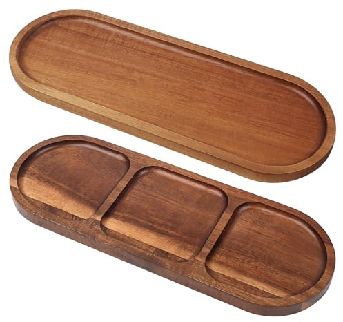 Muzhu 2 Stück Ovale Holztabletts: 29x10.8cm Naturholz Servierbretter Holztablett Akazie Braunes Deko mit Randdesign zur Verhinderung, Ideal für Desserts, Snacks, Früchte in Küche(1Fach & 1Plain)