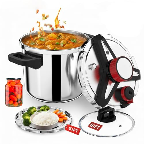 Olla a presión 4 en 1 de acero inoxidable 304 de 7 litros, a prueba de explosiones, 3 ajustes de PSI, recipiente de presión de bloqueo con una sola mano y estante de vapor con tapa de vidrio incluidos
