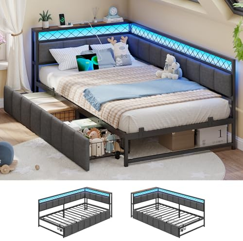 AOGLLATI 3ft Single Bed Frame with Charging Station, Day Bed with 2 Storage Drawers & LED Lighting, 90x190 Sofa Bed Frame with Upholstered Headboard, Linen, Grey, No Mattress