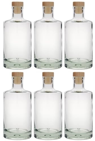 Flaschenland 6x 500 ml Glasflasche Caroline mit hochwertigen Verschlüssen, ideal für Liköre, Spirituosen, Öle, Essige und Getränkeabfüllung (Transparent, Holzgriffkorken)