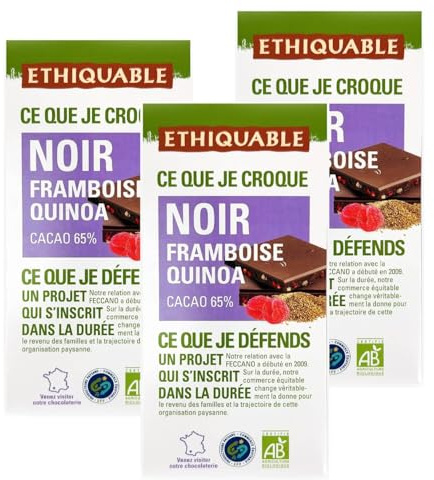 Pack 3 Chocolate Negro con Frambuesa y Quinoa Etiquable Bio 100 g, 300 g total, tableta ecológica con 65% cacao, quinoa inflada y frambuesa liofilizada.