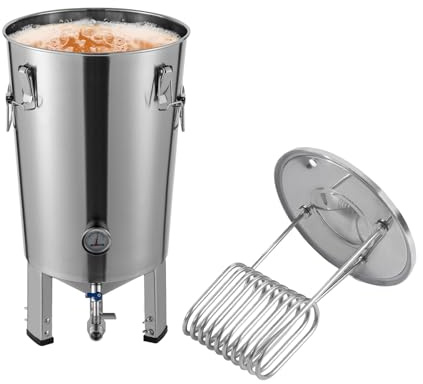 Gärbehälter aus Edelstahl, 32L Gärtank, Konischer Boden Gärfass, Integrierte Kühlschlange (4,7m), Thermometer (0-40°C), Gärröhrchen, 4 Verschlussklammern, Für Bier Wein Milch Fermentation