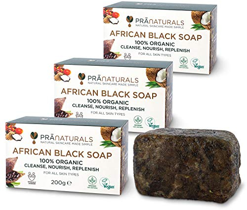PraNaturals 100% Organic Raw African Black Soap 3x 200g, Ethically Sourced and Handcrafted in Ghana, For All Skin Types, Detoxifying and Anti-Ageing All Pure Natural Lotion, Vegan, Unprocessed