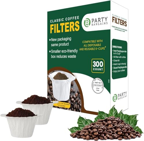 PARTY BARGAINS 300 Classic Disposable Coffee Filter Liners – Compatible with Keurig Brewers & K‑Cup Reusable Pods, Single‑Use Classic Design