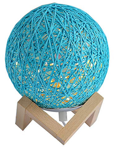 Dekorative Tischlampe, DINOWIN USB verstellbare Nachttischlampe Rattan Ball Massivholz Schreibtischlampe für Hochzeit Wohnzimmer Schlafzimmer Party Home Decor mit warmen weißen LED-Leuchten (Blau)