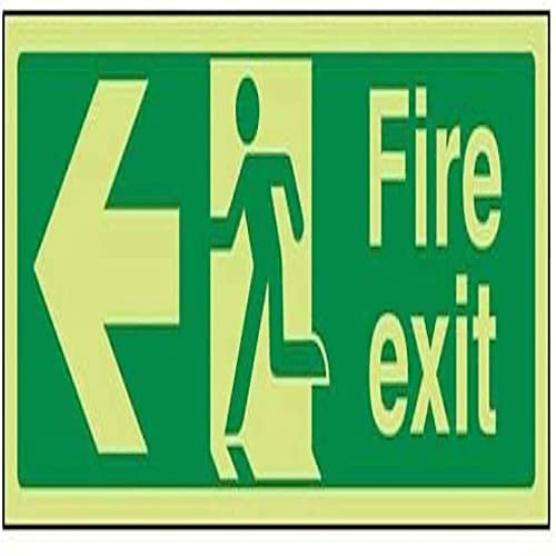 VSafety Warnschild mit englischer Aufschrift „Fire Exit“ und Pfeil nach links, leuchtet im Dunkeln, 450 mm x 150 mm, selbstklebendes Vinyl