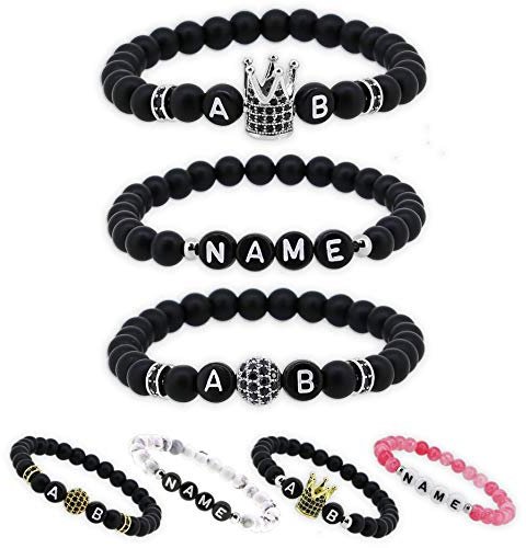 Personalisierte Pärchen Namensarmbänder | Partnerarmband couple Edelsteine Onyx, Howlith Cherry quartz 6mm | Perlenarmband Herz, Krone, Leopard, Löwe Freundschaftsarmband Buchstaben Armband (P18)