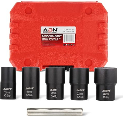 Abn 1/2in Drive Lug Nut Rounded Bolt Remover Socket Set 6pc Stripped Bolt Extractor Kit 17 to 26mm with Center Punch Bar