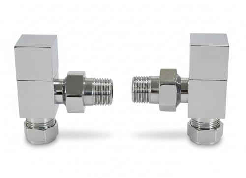 Greened House TEES Chrome Angled Square Towel Rail/Radiator Valve 1/2/15mm | Standard Heating Size, On/Off Set, Central Heating & Column Radiators