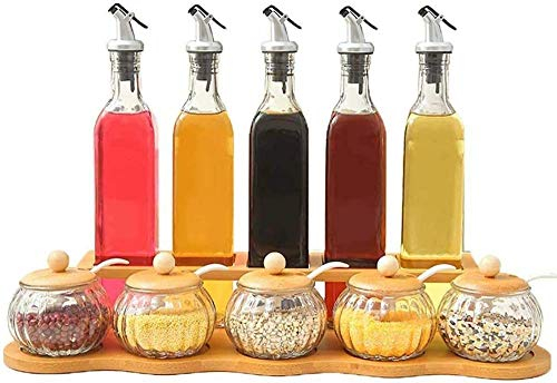 YRHH Juego de 10 Piezas, Tarro de Especias de Vidrio sólido, Aceite de vinagre, vinagrera líquida, con Rejilla de Almacenamiento de Madera de bambú, Tarro de Especias de Cocina con Cuchara