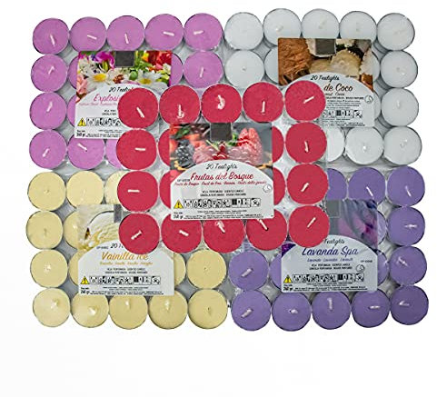 Besch Combinación de 100 Velas de té aromáticas 20 Explosión floral,20 Lavanda, 20 Coco, 20 Frutos Rojos, 20 Vainilla.(Cominación de 5 Aromas, 100 Velas)