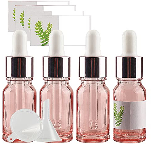 TIANZD 4 Pièces 10ml Flacons en Verre Rose avec Pipettes, 10 ml Bouteilles Compte-gouttes en Verre Vides avec Bouchon à Vis Rose Pour Les Huiles Essentielles Aromathérapie