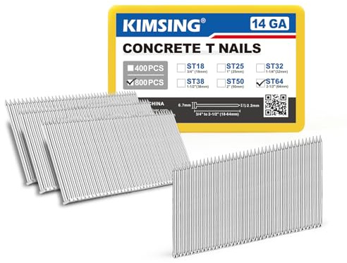 KIMSING ST64 Beton-T-Nägel, 14 Gauge 64mm Länge, 800PCS/BOX, verzinkte Beton-Nägel mit glattem Schaft für Beton-T-Nagler