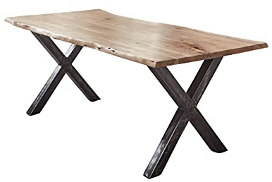 SAM Esstisch 160x85 cm Bergamo, Akazienholz massiv + naturfarben + lackiert, echte Baumkante, Baumkantentisch mit Vintage X-Gestell aus Metall schwarz, Tischplatte 26 mm