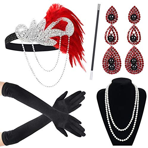 Retro Stil 20er Jahre Accessoires Kostüm Damen und Herren Mafia Gatsby Kostüm Set Art Deco Flapper Party 1920s Gatsby Schmuck Damen Federboa Stirnband Accessoires Abschlussball Event Weihnachten