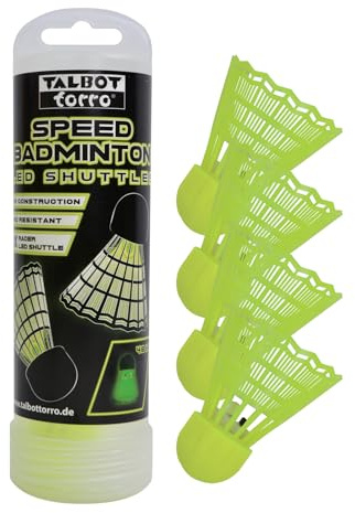 Talbot-Torro Speedbadminton LED Shuttlecocks, 4 Speeds for Play in the Dark, Aerodynamically Optimized Plumage, in a Resealable Rotating Box, 490181