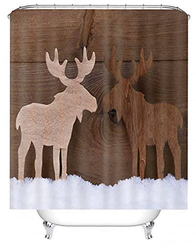 Banemi Art Duschvorhang, Duschvorhang Waschbar Braun Hirsch aus Holz Polyestergewebe 165X180cm für Eck Dusche mit 12 Duschvorhangringen