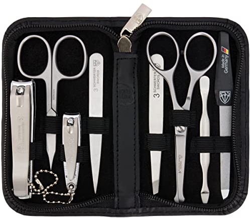 DREI SCHWERTER - 8-tlg. Maniküre Set für Männer | Premium Nagelpflegeset im Echtleder-Etui. Farbe: Schwarz | Inhalt: Nagelset, 8 Instrumente inkl. Bartschere, Nagelschere, Nagelknipser, Pinzette