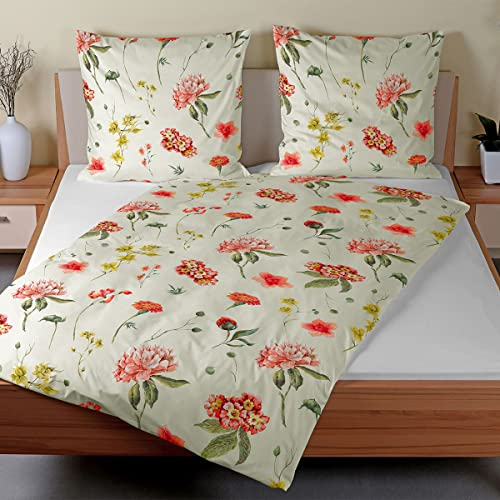 Traumschlaf kuschelig weiche Biber Bettwäsche Fridoline orange Ecru im Blumen Stil aus 100% Baumwolle mit Reißverschluss 135x200 cm + 80x80 cm