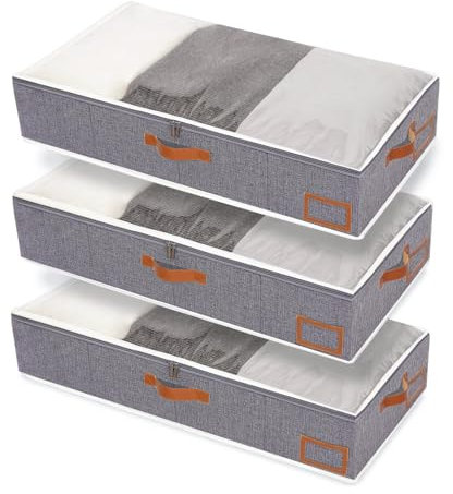 Yawinhe 3 Pezzi Cassetto Sottoletto, Sacchetto Sottoletto, Deposito vestiti, Vestiti pieghevoli con finestra trasparente, Per piumoni, Abbigliamento, 60x30x15cm, Grigio