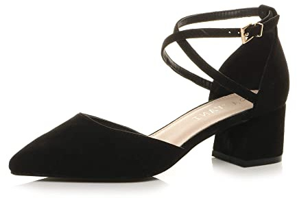 AJVANI Womens Ladies mid Block Heel Pointed Toe Cross Strap Two Part Mary Jane Court Shoes Sandals Size