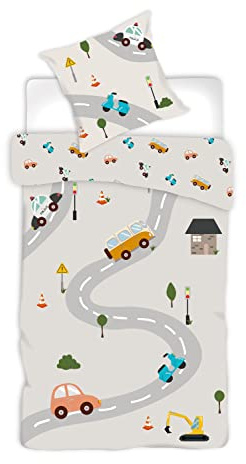 Autos Bus Polizei Kinderbettwäsche 140x200 + Kissenbezug 65x65 | Wendebettwäsche Einzelbett | Naturbaumwolle atmungsaktiv | Fahrzeuge Design | Jungen | Geschenk | Maschinenwaschbar