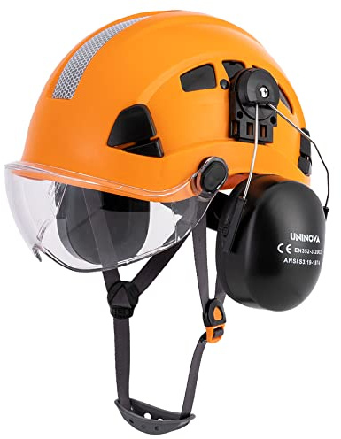 UNINOVA Hard Hat Ear Protection and Visor ANSI Z89.1 Vented ABS Forestry Arborist Tree Climbing Construction Helmet Ear Protection(S91 Orange+Clear+Earmuff)