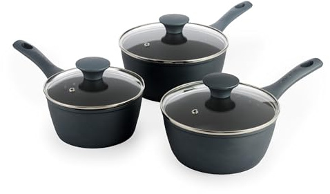 Salter Excellence 3-Piece Saucepan Set – Non-Stick Coating, Tempered Glass Lids, Forged Aluminium, Induction Suitable, Thermo Collar, Turns Red at Optimum Temperature, Heat-Resistant Exterior