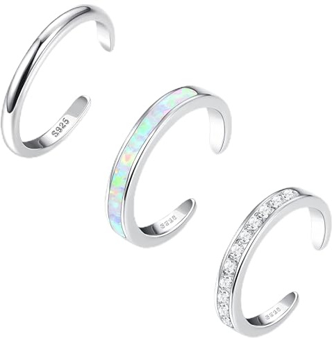 FASACCO 925 Sterling Silver Toe Rings for Women CZ Band Opal Adjustable Toe Ring Summer Beach Open Toe Rings Foot Jewelry Waterproof