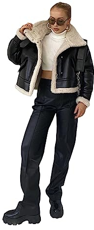 Frauen Jacke Mäntel Faux Shearling Schaffell Mantel Retro Motorrad Jacke Fleece Frau Kurze Jacken Oberbekleidung Black M