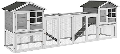 PawHut Conigliera in Legno da Esterno con 2 Casette e Area Aperta Recintata con Porte e Rampe, 259x64x92 cm, Grigia