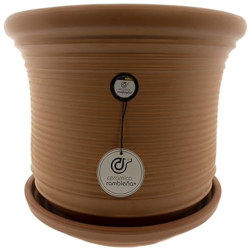 CR CERAMICA RAMBLEÑA Maceta Grande Original Exterior Suelo Campana Baja Terracota-Rayada - Modelo J51, Plato Incluido, 33x33x30 cm