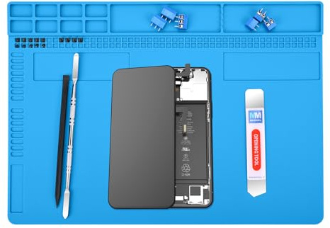 MMOBIEL Reparatur- und Lötmatte Silikon - 35 x 25 cm – Silikonmatte Hitzebeständig bis 500°C - Werkbankmatte für Lötarbeiten, Handy-, Computer- und Elektronikreparaturen - Silikon-Lötmatte – Blau