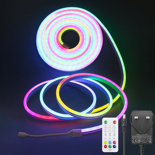 Aclorol RGB+IC Neon Rope Lights 10M Waterproof Outdoor LED Neon Strip Lights with Music Sync,Flexible DIY Design Works with Bluetooth APP,Dreamcolor for Bedroom Wall Decor 24V