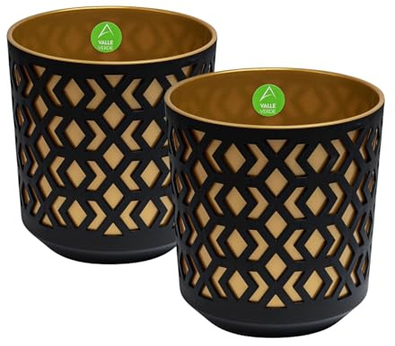 Valle Verde 2er Set Blumentopf Pflanzentopf Kräutertopf Deko Blumenkübel Pflanzgefäß Geometrisches Muster Rund Kunststoff (Ø 25,4 cm Schwarz-Gold)