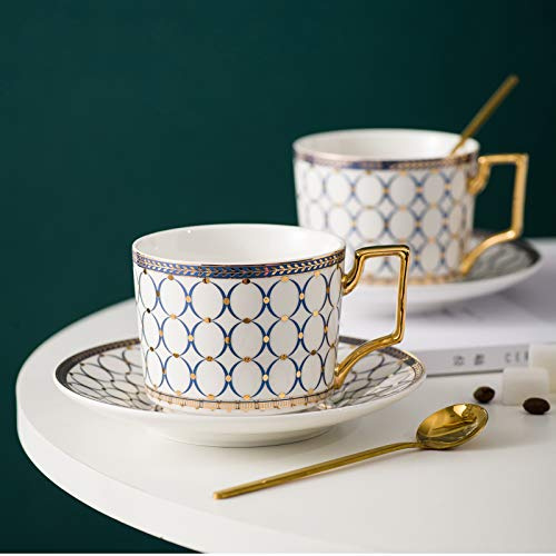 Ensemble tasse et soucoupe de style européen, tasse à thé et soucoupe en porcelaine tendre de 6,8 oz magnifiquement émaillée en or blanc, cuillère dorée, tasse, cappuccino, latte, moka, expresso, desi