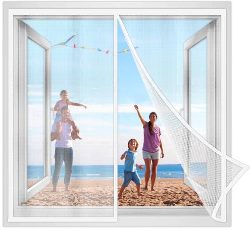 Insektenschutz Fenster Vorhang Polyester Lamellenvorhang 155x205cm mit Heavy Duty Mesh & Full Frame Klettverschluss Klemmleiste Fliegenvorhang Weiß Verstärkte