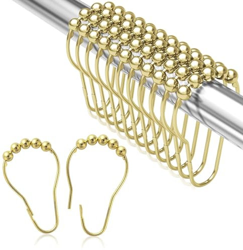 Shower Curtain Rings Hooks, 20 PCS Stainless Steel Roller Balls Bath Curtain Rings Rust Proof Metal Hooks for Bathroom Shower Rods Curtains (Gold)