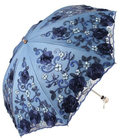 ihreesy Regenschirm Taschenschirm Sturmfest, Sonnenschirm Hochzeitsschirm Faltschirm 3D Blume Stickerei Spitzenschirm UV-Schutz doppelstöckig Brautschirm mit 8 Rippen für Hochzeit,Blau